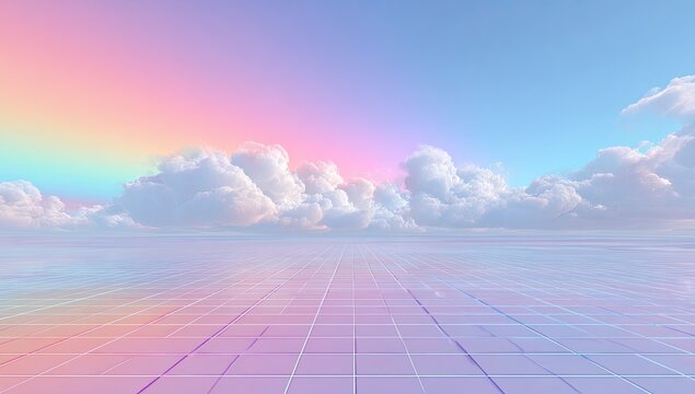Pastel-toned digital landscape with a rainbow and clouds - Powered by Adobe
