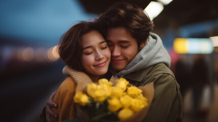 A romantic couple meeting at a train station with flowers and warm embrace romantic meeting, couple hug, arrival moment, love story, platform reunion, flowers, emotional scene, tra