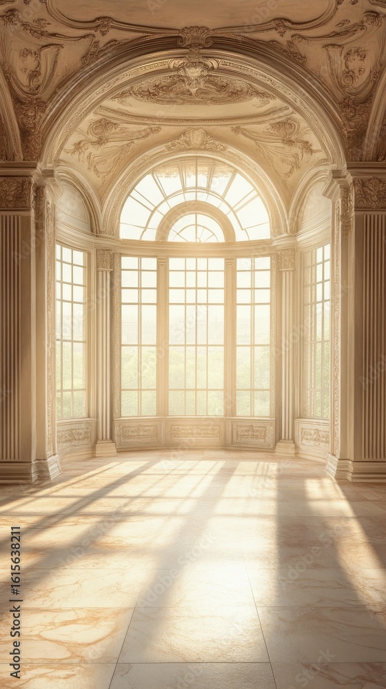 Aufkleber light streaming through archway windows into empty room