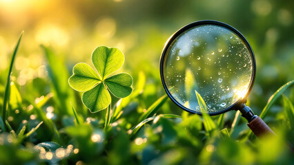 Nature's Magnifier: A close-up of a clover leaf with dew drops under sunlight
