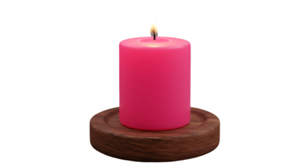 Isolated 3D Render Of A Pink Candle With A Burning Flame On A Wooden Holder