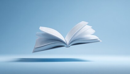 Open book floating in mid-air against a light-blue backdrop