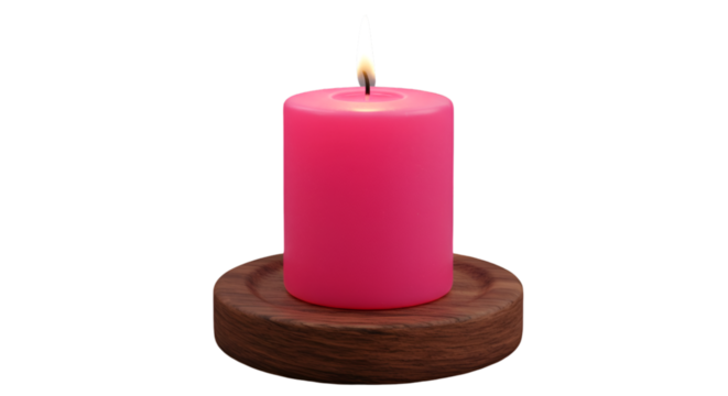 Isolated 3D Render Of A Pink Candle With A Burning Flame On A Wooden Holder