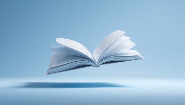 Open book floating in mid-air against a light-blue backdrop