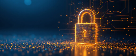 Abstract pop up cyber protection 3d digital lock which created by millions of tiny golden glowing particles connected by glowing lines, in a solid minimalist dark purple gradient texture background, 