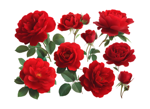 Beautiful Red roses of various sizes and shapes isolated on a transparent background