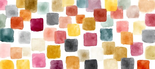 Muted watercolor squares scattered randomly across a white background 