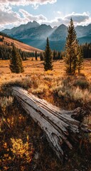 Fallen log in a mountain valley at sunset.
