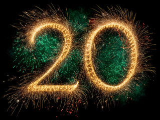 Image of a firework display forming number 20 against a dark sky, predominantly green and yellow colored trails - AI-Generated