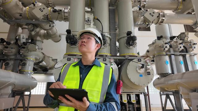 Gas insulated switchgear engineer wearing safety helmet and reflective vest inspects equipment using digital tablet industrial plant environment with large pipes and machinery ensuring safety