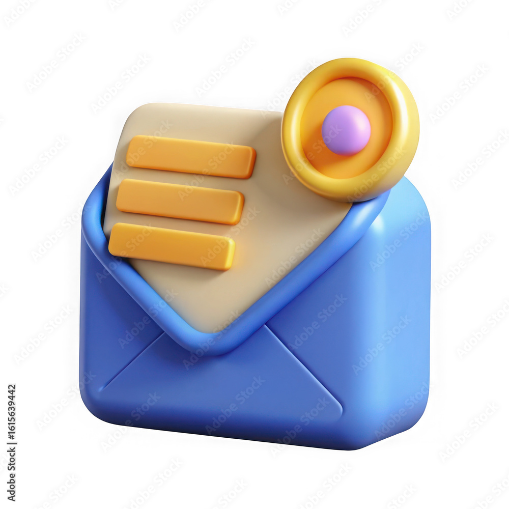 Poster 3d blue envelope icon with three yellow message lines and yellow notification bubble isolated on tra