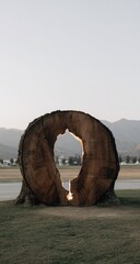 Large, circular tree trunk slice with a central opening.