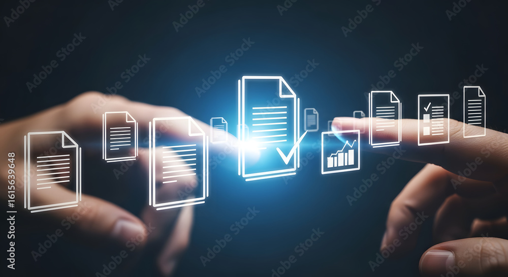 Poster two hands interacting with digital document icons, highlighting data and information.
