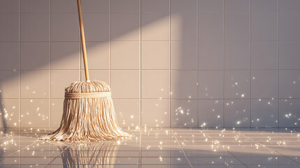 Sparkling Clean Floor with Traditional Cotton Mop in Sunlight