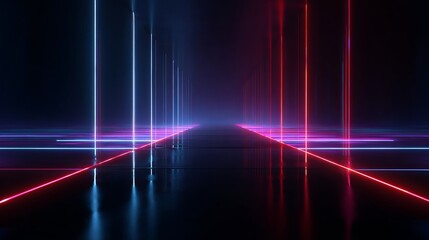 3D render, abstract background with neon glowing lines on black. Abstract wallpaper of a light path in a dark room. Shiny, futuristic glowing elements. Digital illustration. Red, blue, pink.