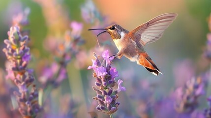 Fototapeta premium Vibrant hummingbird in lavender field