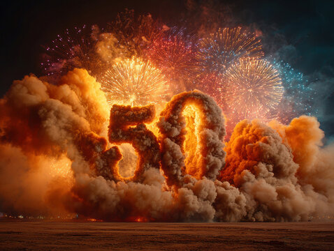 Vibrant firework display with number 50 integrated, night sky celebration, red, white, blue colors, large bursts, fiery shards, spent casings or debris, digital manipulation, dynamic mo - AI-Generated