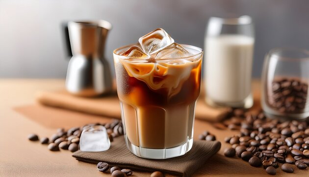 delicious iced coffee with milk swirled cold brew in a glass with ice cubes refreshing and energizing