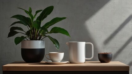 Still life of a potted plant with coffee cup and pitcher on a wooden surface in soft lighting