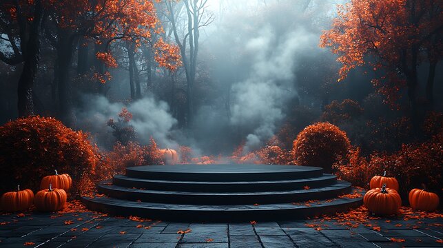 Dark forest stage with orange pumpkins and autumn leaves in fog fall mist