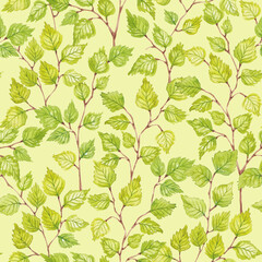 Birch twigs seamless pattern. Bright green foliage backgroung. Fresh spring design. Hand drawn with watercolor. Spring leaves repeat tile for textile, fabric, wallpaper, packaging