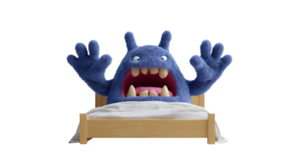 A cute blue monster is waking up from a dream in his bed with a surprised expression.