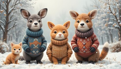 Obraz premium Adorable animals in cozy sweaters enjoy winter wonderland