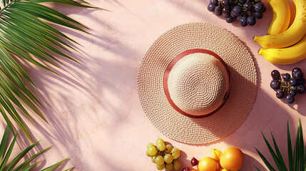 Flatlay of Straw Hat on Terazzo Background with summer fruits