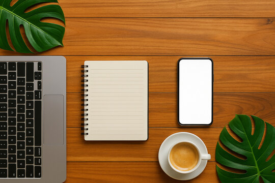 notebook and coffee cup on wood