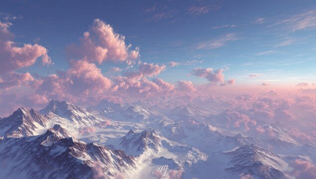 High-altitude view of snow-capped mountains, soft pink clouds