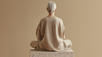 Elder woman in oversized linen outfit siting on brow speckled pedestal.