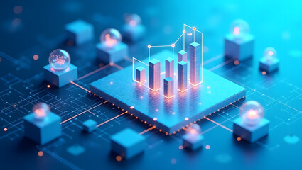 Glowing holographic bar chart on a processor, symbolizing big data analysis, financial technology, and futuristic business strategy.
