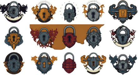 Isolated Antique Lock Icons Set With Gold Silver and Pixelated Elements
