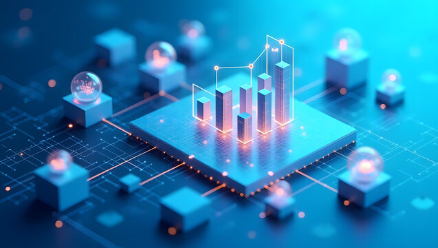 Glowing holographic bar chart on a processor, symbolizing big data analysis, financial technology, and futuristic business strategy.