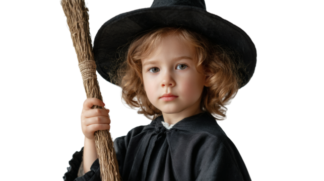 A charming little girl in a witch costume holds a broom for a Halloween portrait.