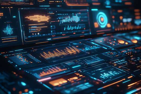 Futuristic technology display with data and graphs
