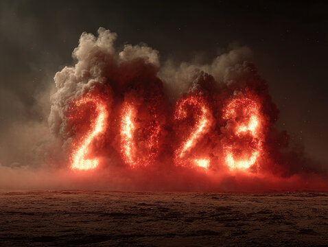 Dramatic scene, dark festive sky, large bright red numbers 2023, skewed to the right, dynamic perspective, exploding spiral fireworks, vertical bursts, glowing smoke and particles, inte - AI-Generated