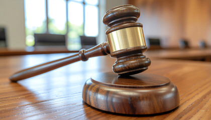 A wooden gavel rests on a polished table in a courtroom, symbolizing justice and legal proceedings in a professional setting