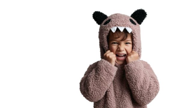 A child in a monster costume is smiling and showing off his teeth.