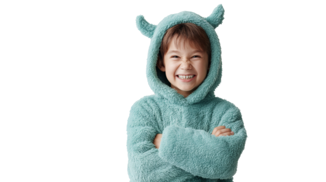 Smiling child in a monster costume with arms crossed, looking at the camera.
