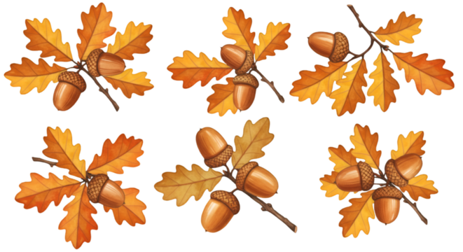 Isolated Autumn Acorn And Oak Leaf Branch Set PNG Illustration - Powered by Adobe