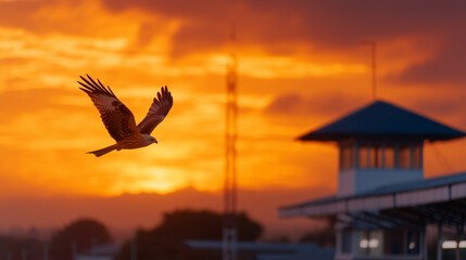 Fototapeta premium A bird flying above the station roof during sunrise station roof, flying bird, golden light, peaceful morning, symbolic journey, freedom travel