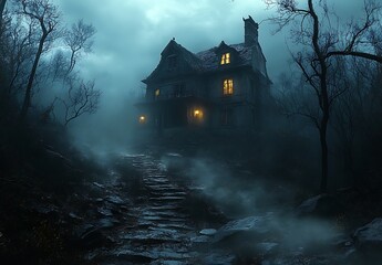 Dark spooky Victorian mansion on a foggy night with illuminated windows haunted house