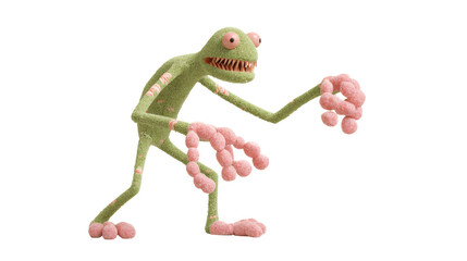 Naklejka premium A quirky green monster with candy limbs and an expressive face on a black backdrop.