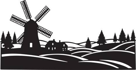 Obraz premium Rural Windmill Landscape Silhouettes