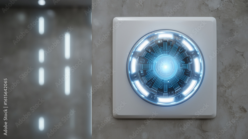 Poster futuristic smart light switch with a glowing touchscreen interface, mounted on a concrete wall in a 