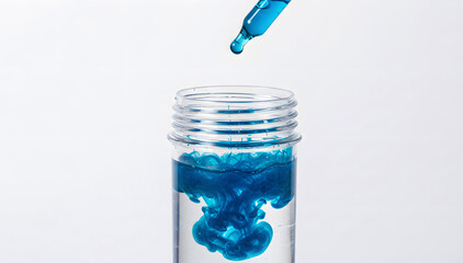 Laboratory dropper experiment with blue solution in transparent container