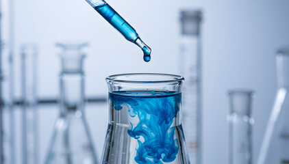 Laboratory dropper experiment with blue solution in transparent container