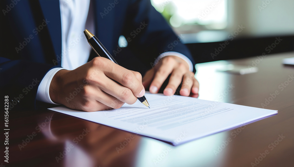 Poster a person in a suit is signing a document on a wooden table, emphasizing professionalism and attentio