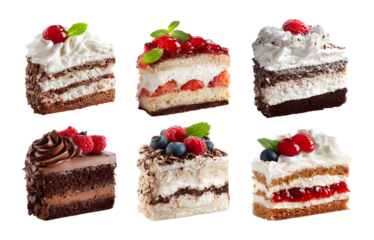 Set of different pieces of cake with different flavors and toppings isolated on a transparent background